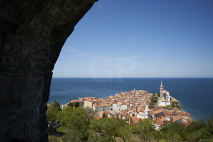 Piran’s Cistyscape panoramics view framed by Piran's town wall