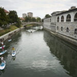 A group of 5 paddle surfing the Ljubljanica