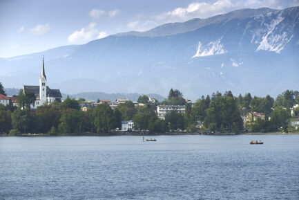 Lake Bled Church of St Martin and Julian Alps landscape