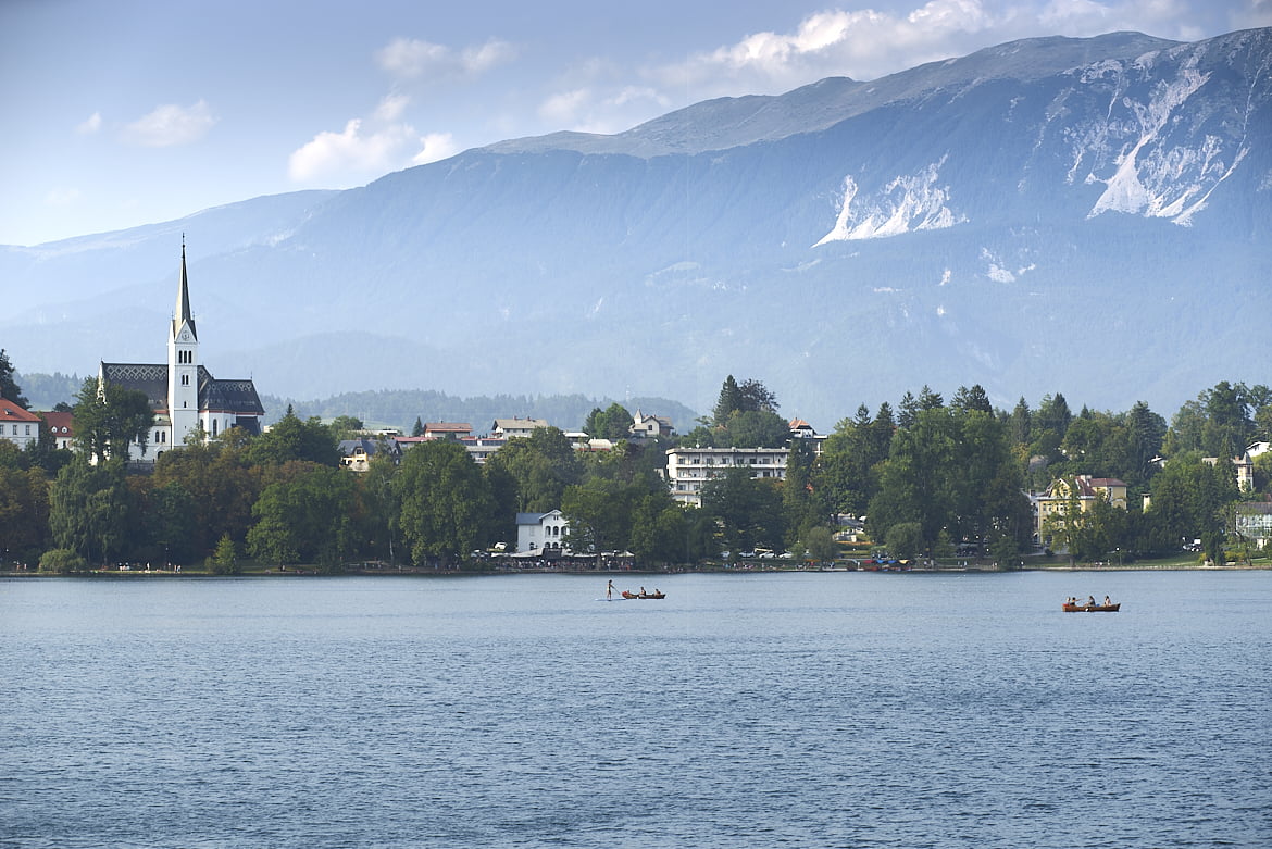 Lake Bled Church of St Martin and Julian Alps landscape