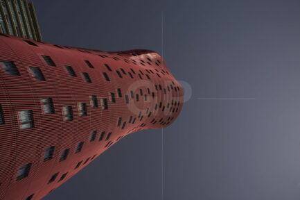 Tower of the Porta Fira Hotel pointing to the right