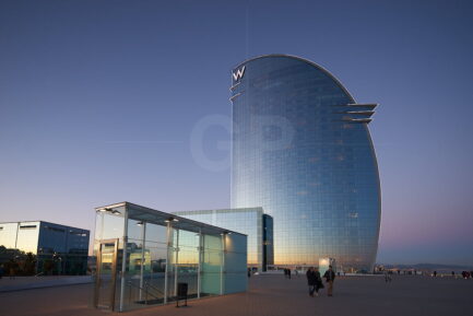 The W Barcelona Hotel south view at sunset