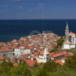 Piran cityscape with adriatic sea in the background