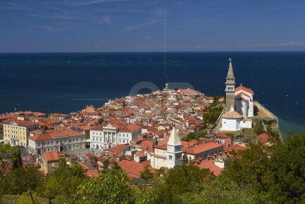 Piran cityscape with adriatic sea in the background