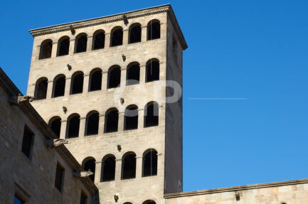 King square Barcelona's city photo facade, the building is in a 14th-century medieval public square in the Barri Gòtic of Barcelona.